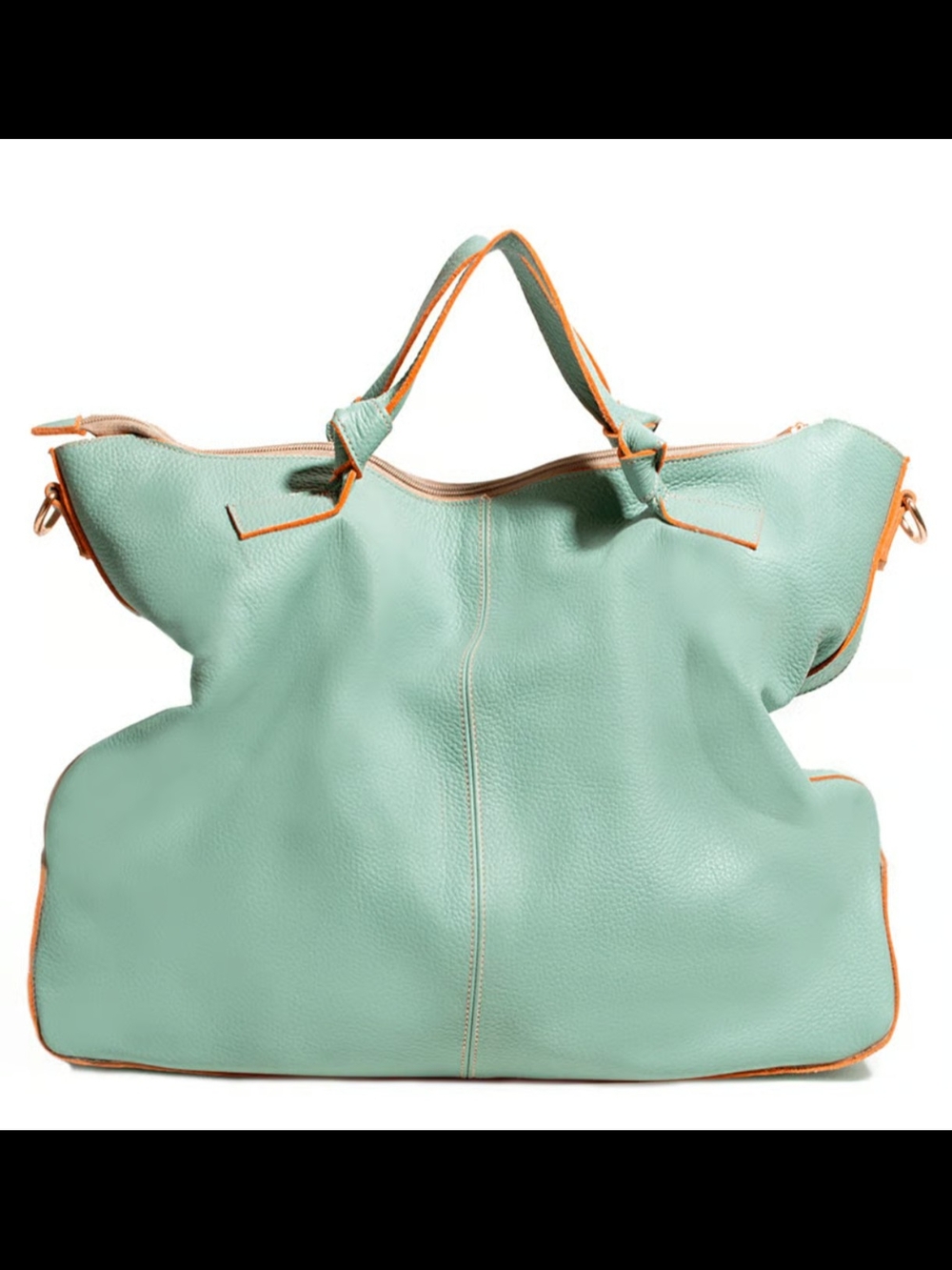 Mint Leather Tote Bag with Tan Trim
